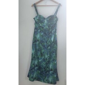 Lulus Dress Womens L Green Blue Floral Midi Fit Flare‎ VED1050 Fairy Milkmaid